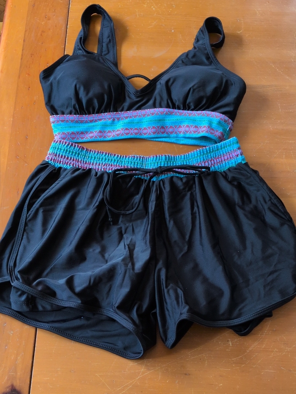 Black Two-Piece Swim Set with Turquoise Accent